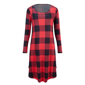 Women Plaid Casual Long Sleeve Evening Party Mini Dress With Pockets
