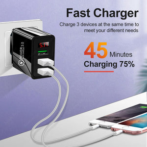 USB Fast Charger 3 Port With LED Display Phone Adapter