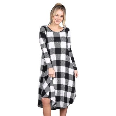 Women Plaid Casual Long Sleeve Evening Party Mini Dress With Pockets