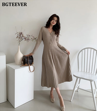 Elegant V-neck Soft Sweater Dress