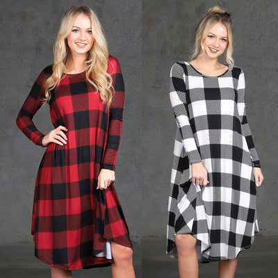 Women Plaid Casual Long Sleeve Evening Party Mini Dress With Pockets